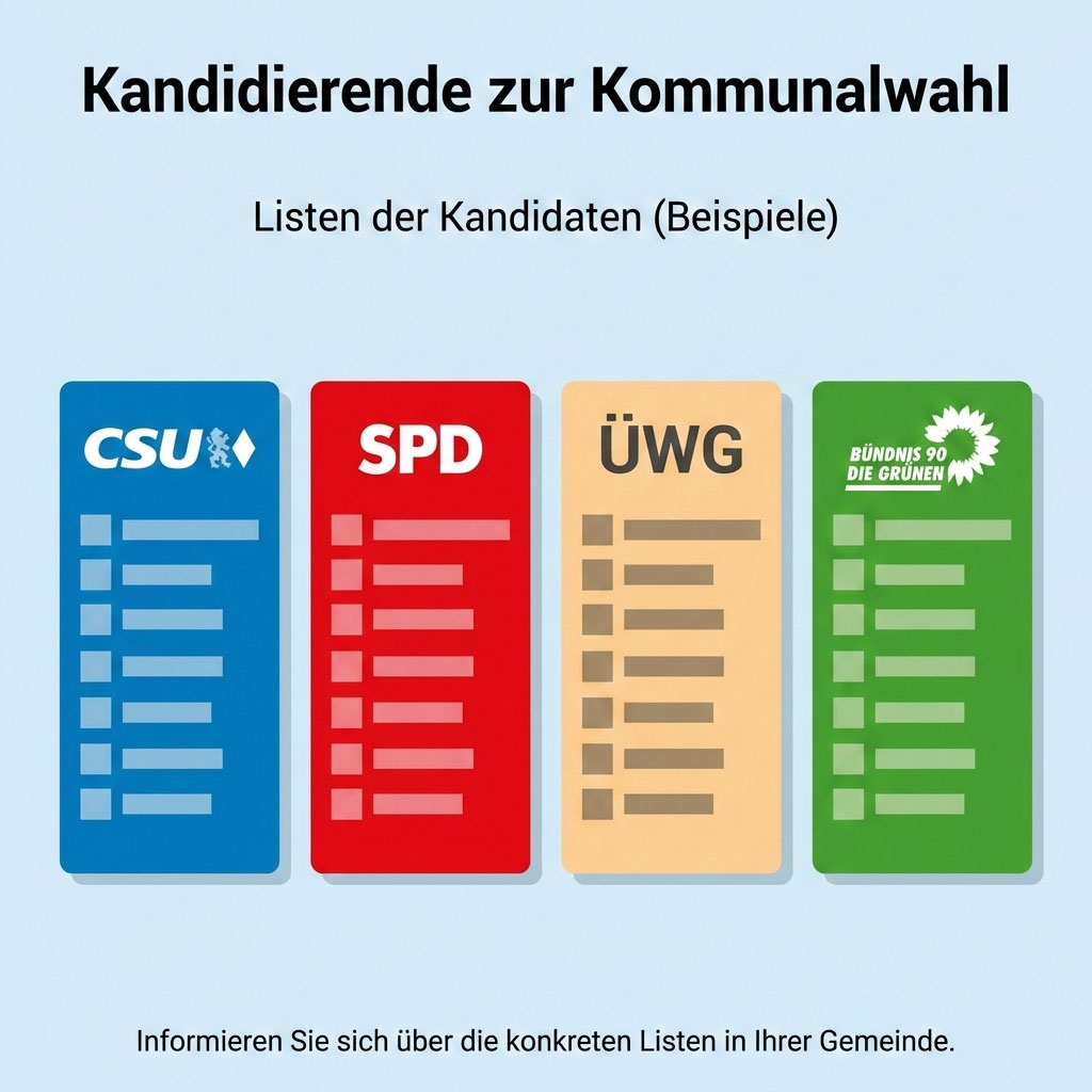 Schematische Darstellung von Kandidatenlisten für die Kommunalwahl, beispielhaft gezeigt für CSU, SPD, ÜWG und Bündnis 90 Die Grünen.