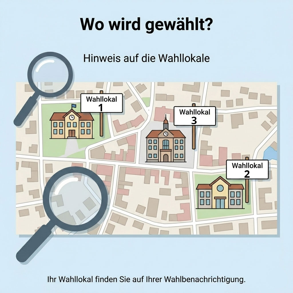 Stilisierte Karte mit drei markierten Wahllokalen. Der Hinweis lautet: Ihr Wahllokal finden Sie auf Ihrer Wahlbenachrichtigung.