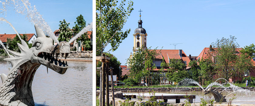 Blick auf den Stadtsee und den wasserspeienden Lindwurm