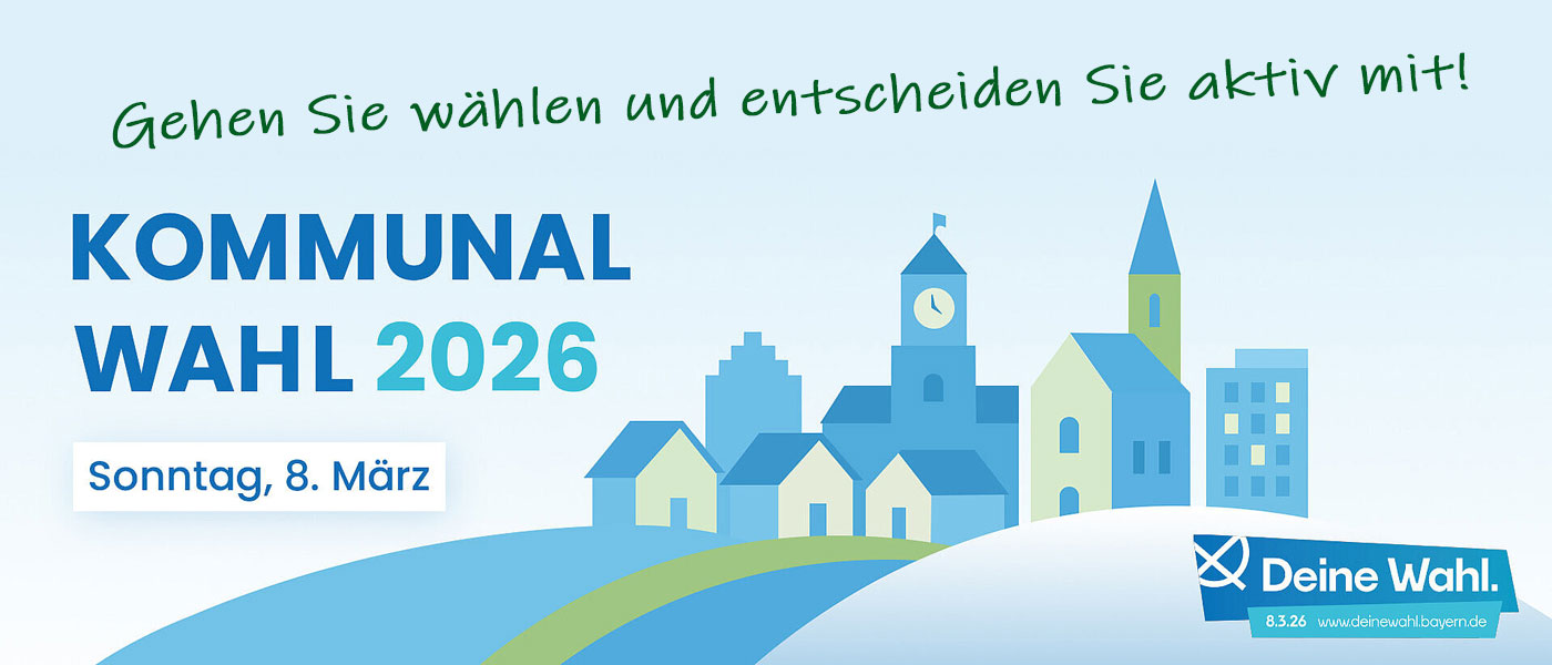 Wahlplakat zur Kommunalwahl 2026 am 8. März mit einer stilisierten Stadtsilhouette und dem Aufruf: „Gehen Sie wählen und entscheiden Sie aktiv mit!“