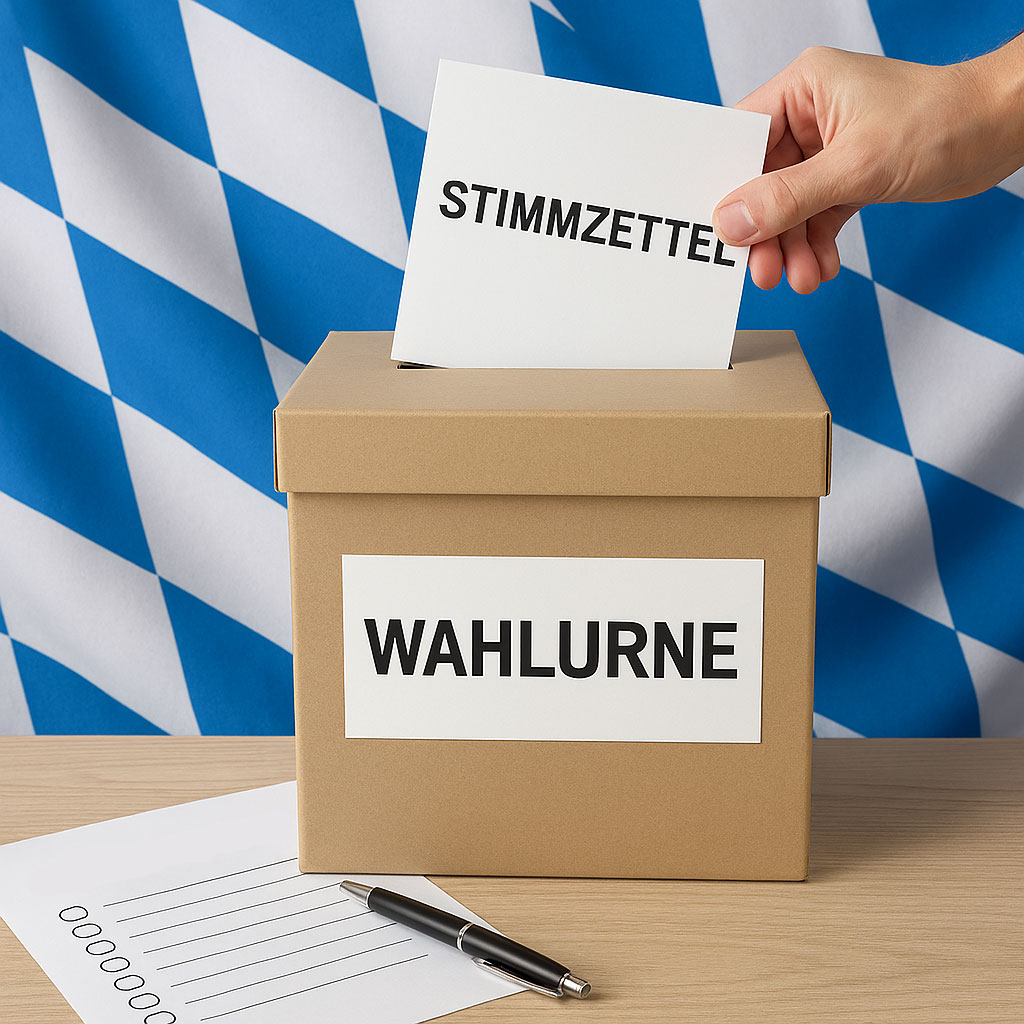 Bild einer auf einem Tisch stehenden Wahlurne aus Karton.