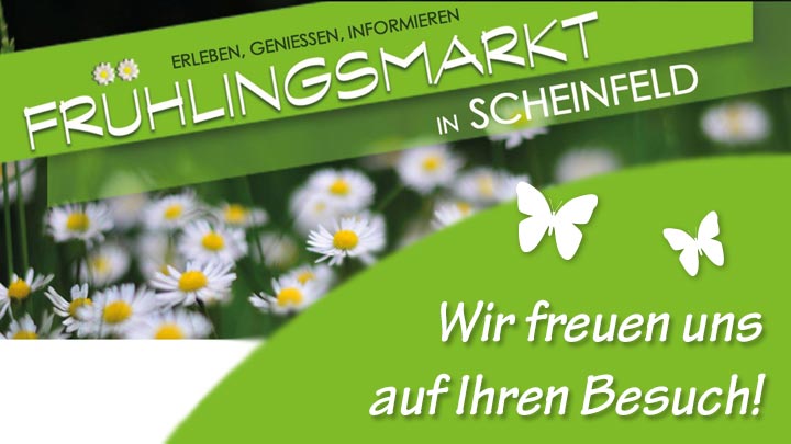 Werbebanner zum Frühlingsmarkt in Scheinfeld mit Gänseblümchen und Schmetterlingen. Text: Erleben, Genießen, Informieren. Frühlingsmarkt in Scheinfeld.