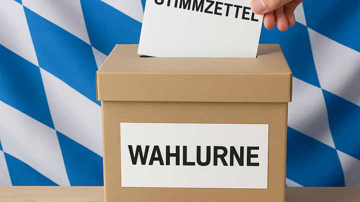 Hand wirft Stimmzettel in Wahlurne vor dem Hintergrund der bayerischen Flagge.