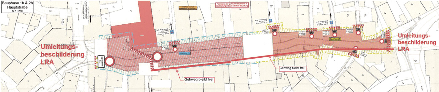 Markierter Bereich der Straßensperrung in der Hauptstraße auf einer Straßenkarte